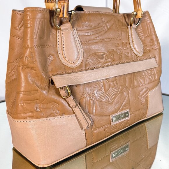 Sharif Legacy Hieroglyphic Egyptian Leather Satchel with Bamboo Handles - New - Picture 12 of 16